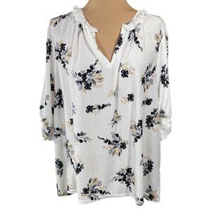 New Melloday Blouse Top Floral Black Tan White Size 1X Stretch 3/4 Sleeve